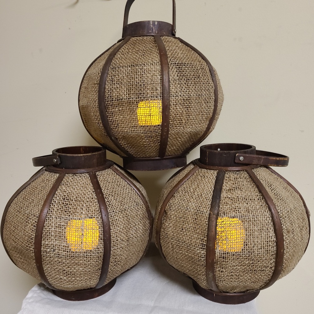 Set of 3 wooden and jute lanterns
